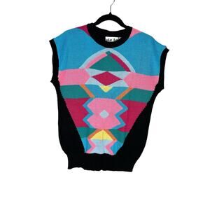 Vintage 80s Via L.A. Women’s Knit Abstract Geometric Sweater Tee size Medium